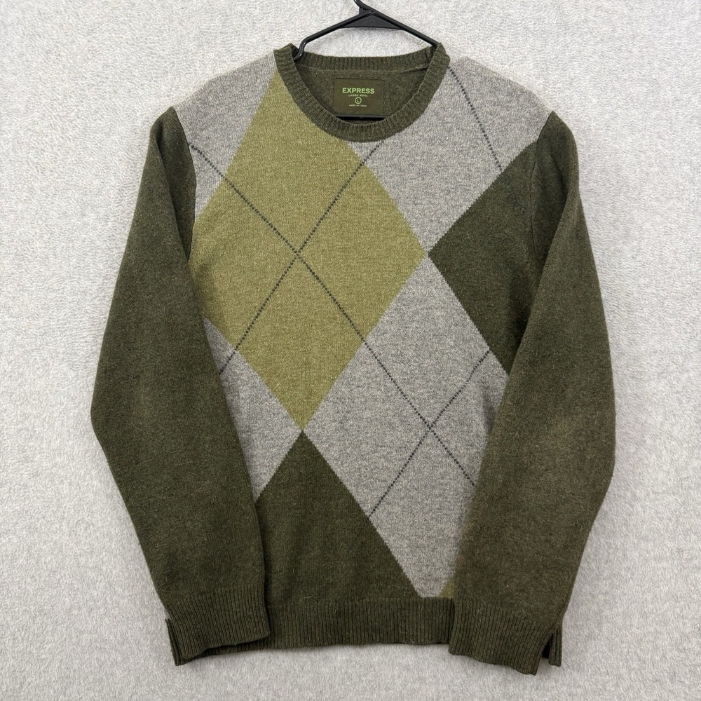 Express Sweater Men Large Green Lambswool Crew Neck Argyle Long Sleeve Pullover